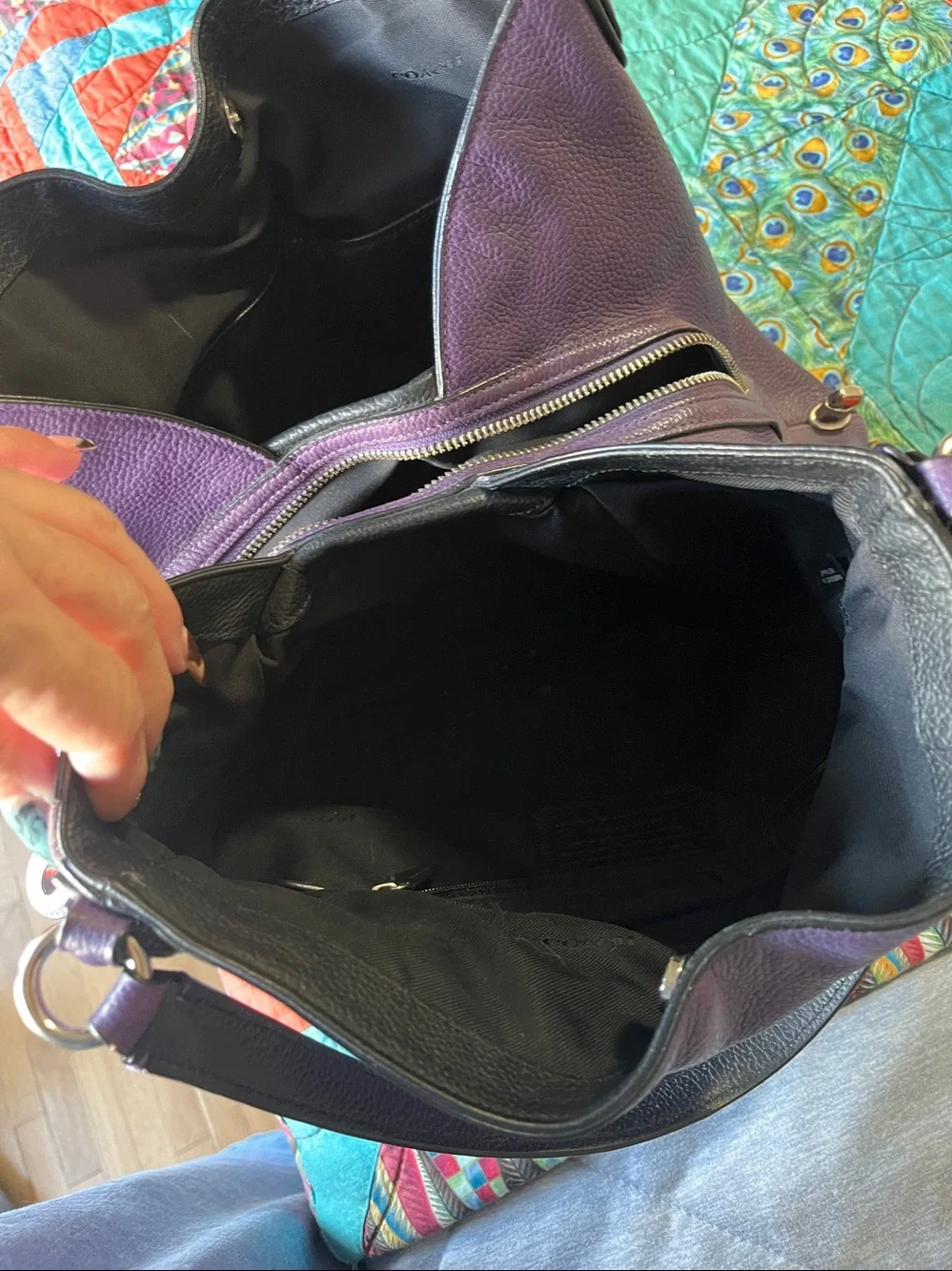 Coach Pebbled Leather Shoulder Bag in Purple with Black Handles